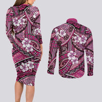Polynesian Hibiscus Tropical Pink Floral Couples Matching Long Sleeve Bodycon Dress and Long Sleeve Button Shirt Tribal Pattern LT01 - Polynesian Pride