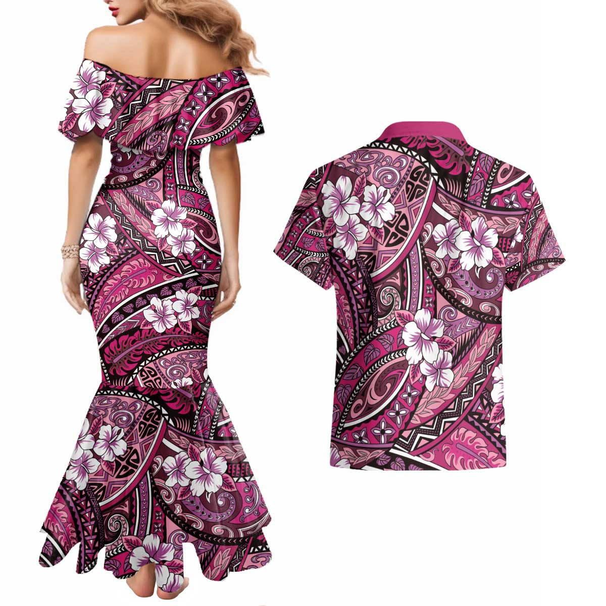 Polynesian Hibiscus Tropical Pink Floral Couples Matching Mermaid Dress and Hawaiian Shirt Tribal Pattern LT01 - Polynesian Pride