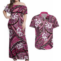 Polynesian Hibiscus Tropical Pink Floral Couples Matching Off Shoulder Maxi Dress and Hawaiian Shirt Tribal Pattern LT01 Pink - Polynesian Pride