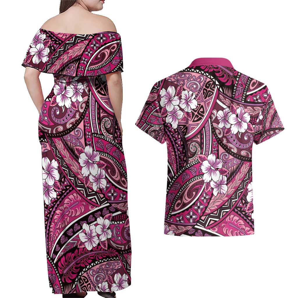 Polynesian Hibiscus Tropical Pink Floral Couples Matching Off Shoulder Maxi Dress and Hawaiian Shirt Tribal Pattern LT01 - Polynesian Pride