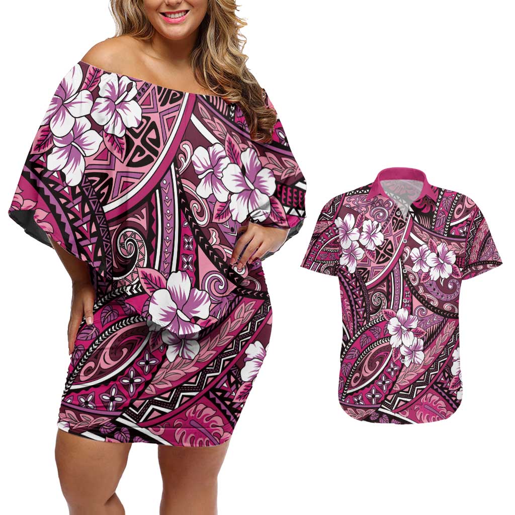 Polynesian Hibiscus Tropical Pink Floral Couples Matching Off Shoulder Short Dress and Hawaiian Shirt Tribal Pattern LT01 Pink - Polynesian Pride