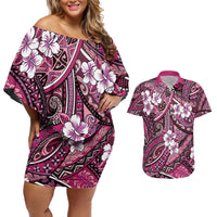 Polynesian Hibiscus Tropical Pink Floral Couples Matching Off Shoulder Short Dress and Hawaiian Shirt Tribal Pattern LT01 Pink - Polynesian Pride
