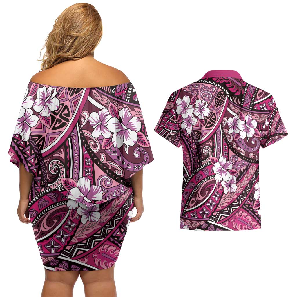 Polynesian Hibiscus Tropical Pink Floral Couples Matching Off Shoulder Short Dress and Hawaiian Shirt Tribal Pattern LT01 - Polynesian Pride