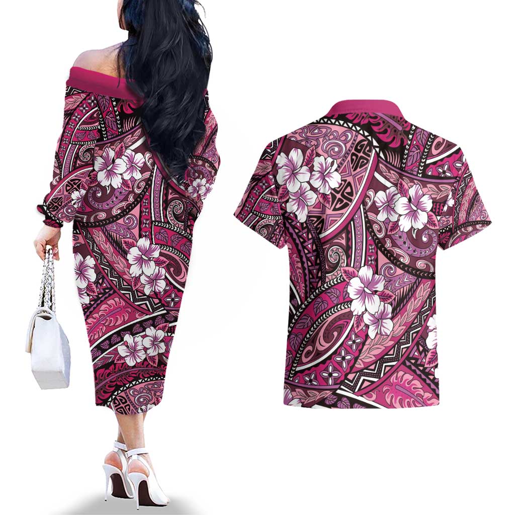 Polynesian Hibiscus Tropical Pink Floral Couples Matching Off The Shoulder Long Sleeve Dress and Hawaiian Shirt Tribal Pattern LT01 - Polynesian Pride