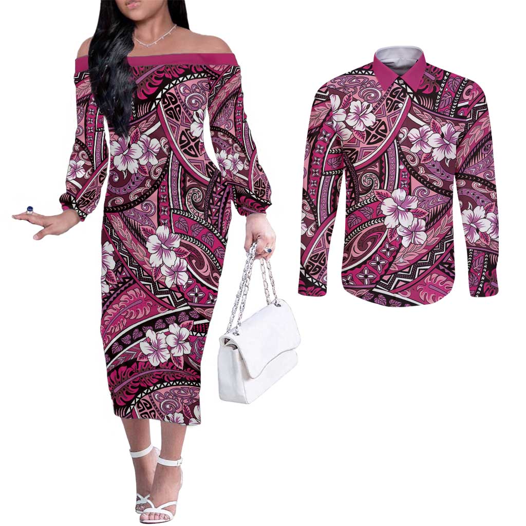 Polynesian Hibiscus Tropical Pink Floral Couples Matching Off The Shoulder Long Sleeve Dress and Long Sleeve Button Shirt Tribal Pattern LT01 Pink - Polynesian Pride