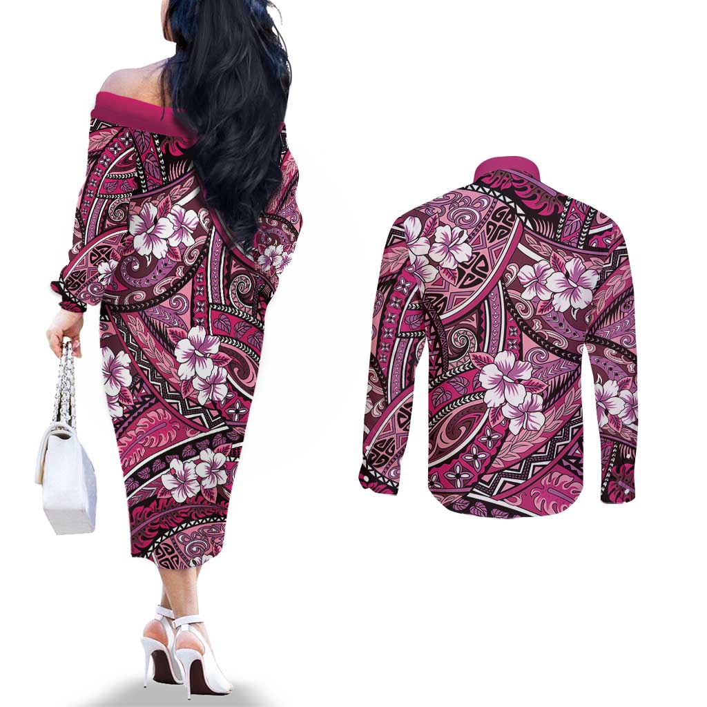 Polynesian Hibiscus Tropical Pink Floral Couples Matching Off The Shoulder Long Sleeve Dress and Long Sleeve Button Shirt Tribal Pattern LT01 - Polynesian Pride