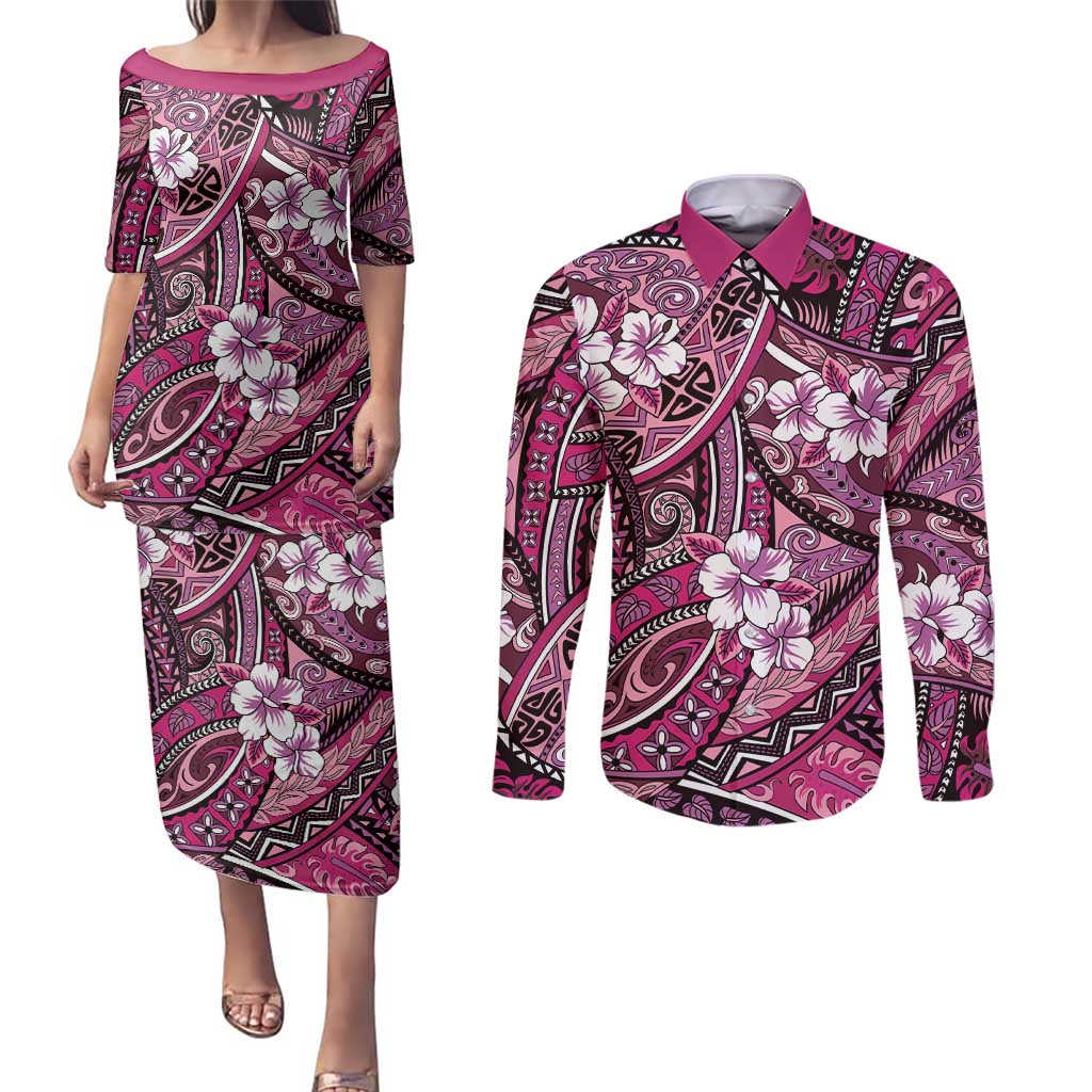 Polynesian Hibiscus Tropical Pink Floral Couples Matching Puletasi and Long Sleeve Button Shirt Tribal Pattern - Polynesian Pride
