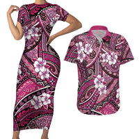 Polynesian Hibiscus Tropical Pink Floral Couples Matching Short Sleeve Bodycon Dress and Hawaiian Shirt Tribal Pattern LT01 Pink - Polynesian Pride