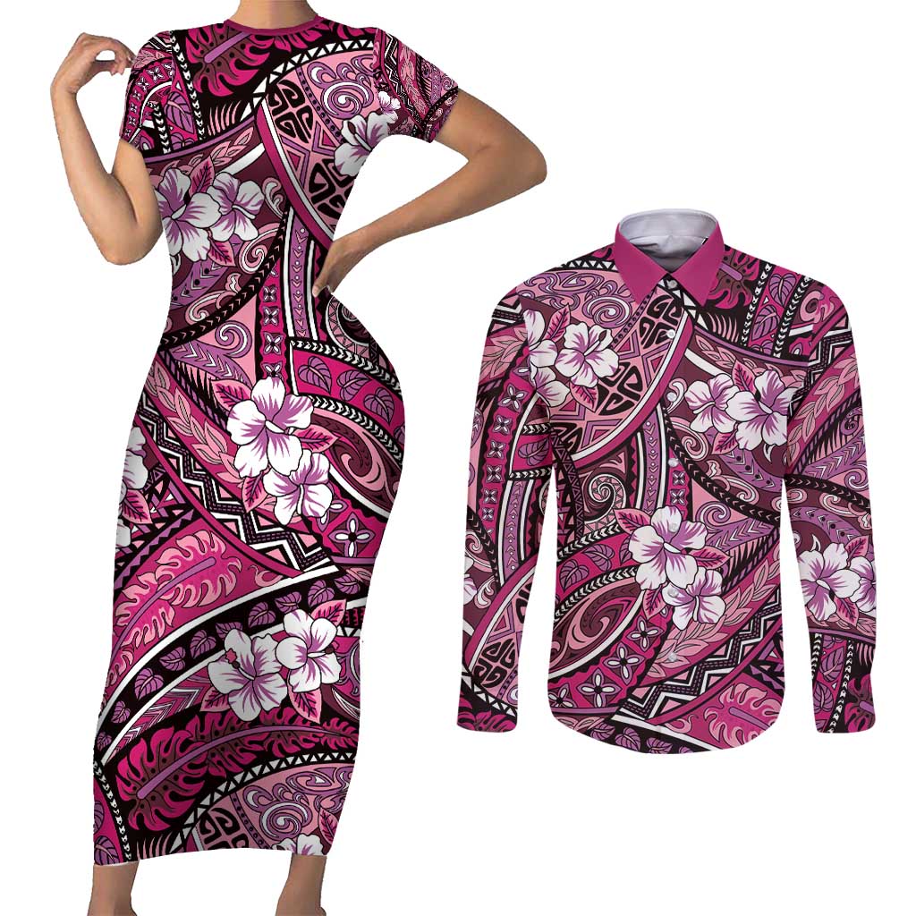 Polynesian Hibiscus Tropical Pink Floral Couples Matching Short Sleeve Bodycon Dress and Long Sleeve Button Shirt Tribal Pattern LT01 Pink - Polynesian Pride