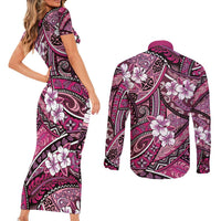 Polynesian Hibiscus Tropical Pink Floral Couples Matching Short Sleeve Bodycon Dress and Long Sleeve Button Shirt Tribal Pattern LT01 - Polynesian Pride