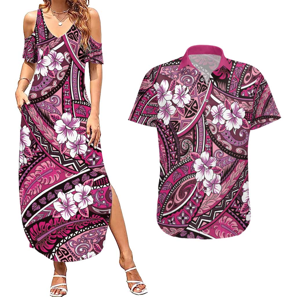 Polynesian Hibiscus Tropical Pink Floral Couples Matching Summer Maxi Dress and Hawaiian Shirt Tribal Pattern LT01 Pink - Polynesian Pride