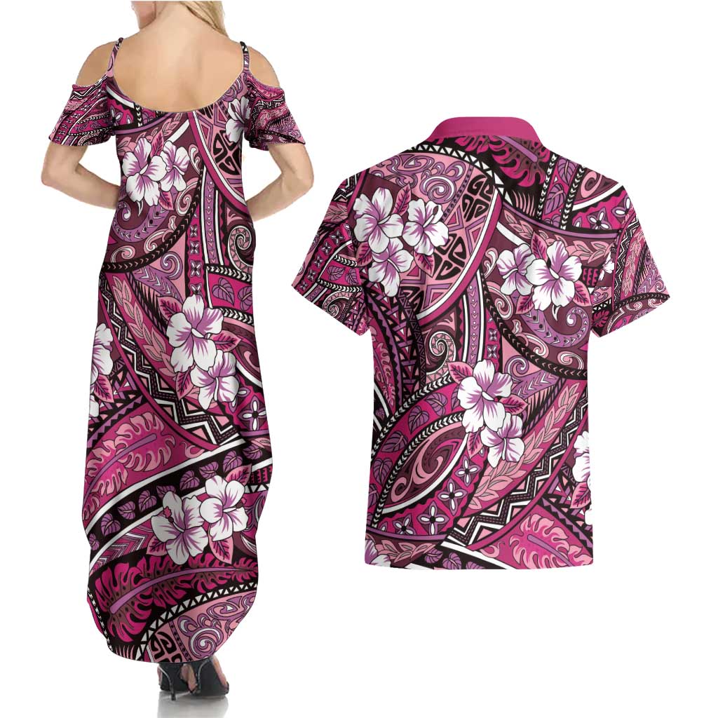 Polynesian Hibiscus Tropical Pink Floral Couples Matching Summer Maxi Dress and Hawaiian Shirt Tribal Pattern LT01 - Polynesian Pride