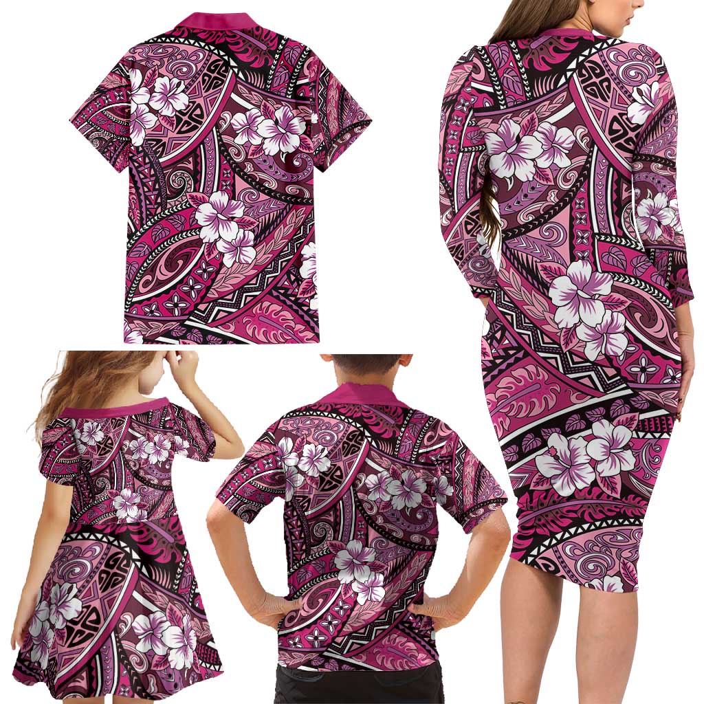 Polynesian Hibiscus Tropical Pink Floral Family Matching Long Sleeve Bodycon Dress and Hawaiian Shirt Tribal Pattern LT01 - Polynesian Pride