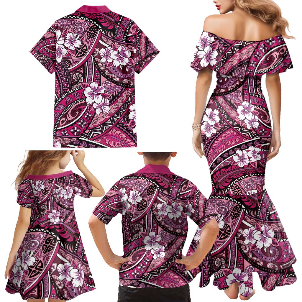 Polynesian Hibiscus Tropical Pink Floral Family Matching Mermaid Dress and Hawaiian Shirt Tribal Pattern LT01 - Polynesian Pride