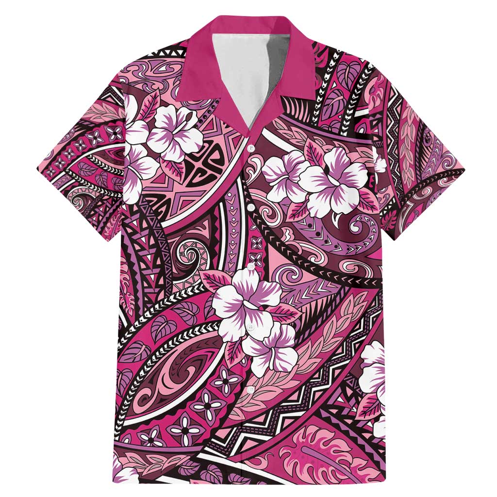 Polynesian Hibiscus Tropical Pink Floral Family Matching Mermaid Dress and Hawaiian Shirt Tribal Pattern LT01 Dad's Shirt - Short Sleeve Pink - Polynesian Pride