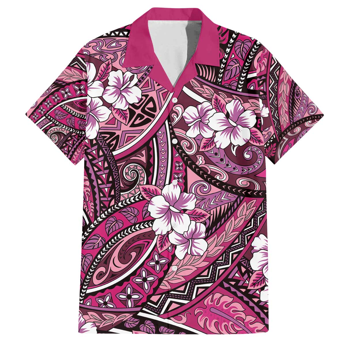 Polynesian Hibiscus Tropical Pink Floral Family Matching Off The Shoulder Long Sleeve Dress and Hawaiian Shirt Tribal Pattern LT01 Dad's Shirt - Short Sleeve Pink - Polynesian Pride