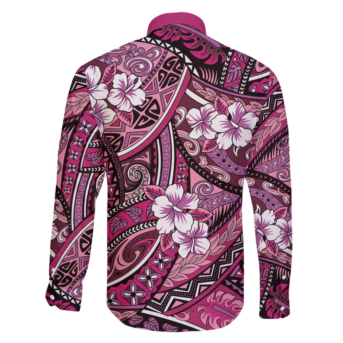 Polynesian Hibiscus Tropical Pink Floral Family Matching Off The Shoulder Long Sleeve Dress and Hawaiian Shirt Tribal Pattern LT01 - Polynesian Pride