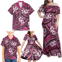 Polynesian Hibiscus Tropical Pink Floral Family Matching Off Shoulder Maxi Dress and Hawaiian Shirt Tribal Pattern LT01 - Polynesian Pride