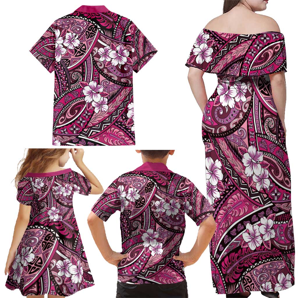 Polynesian Hibiscus Tropical Pink Floral Family Matching Off Shoulder Maxi Dress and Hawaiian Shirt Tribal Pattern LT01 - Polynesian Pride
