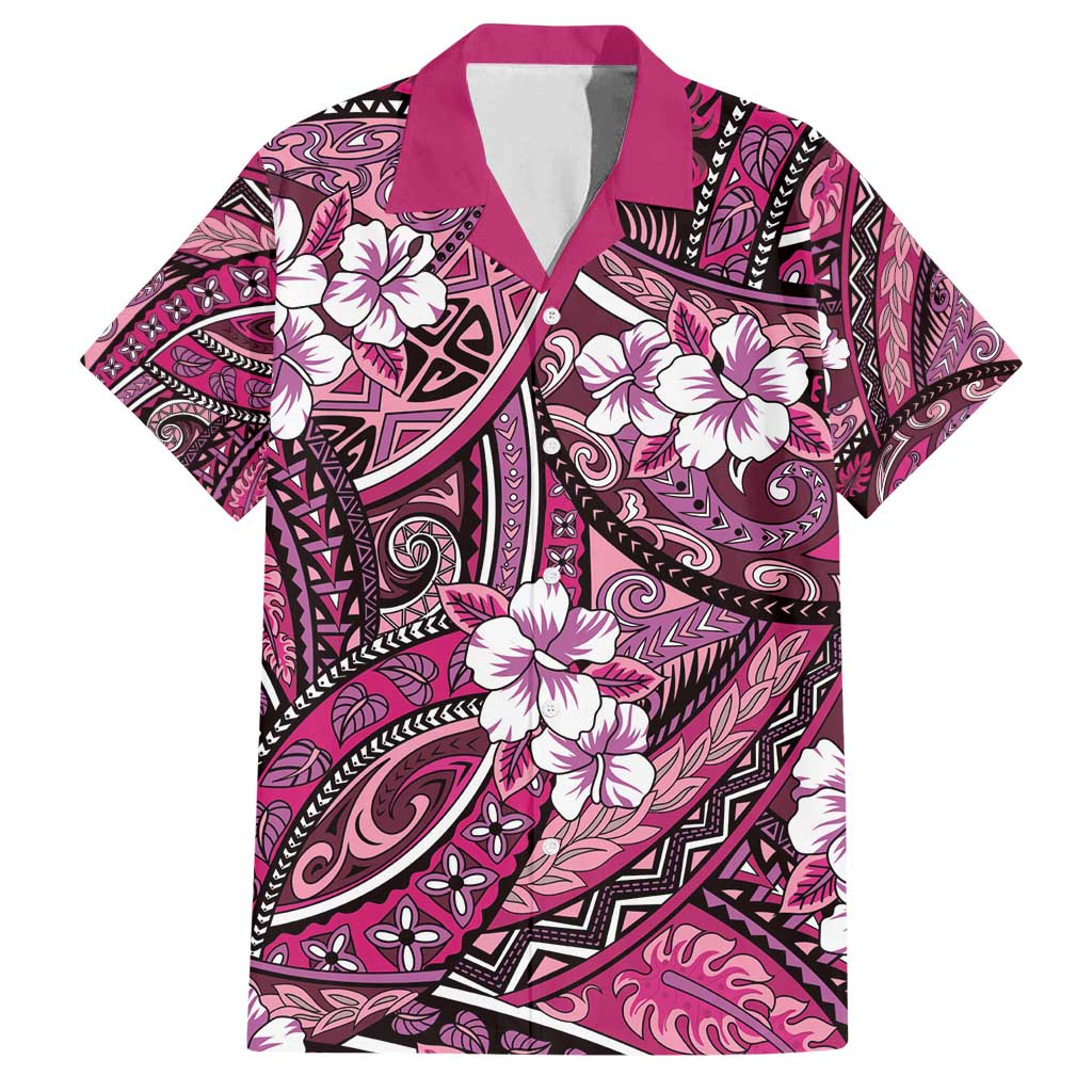 Polynesian Hibiscus Tropical Pink Floral Family Matching Off Shoulder Maxi Dress and Hawaiian Shirt Tribal Pattern LT01 Dad's Shirt - Short Sleeve Pink - Polynesian Pride