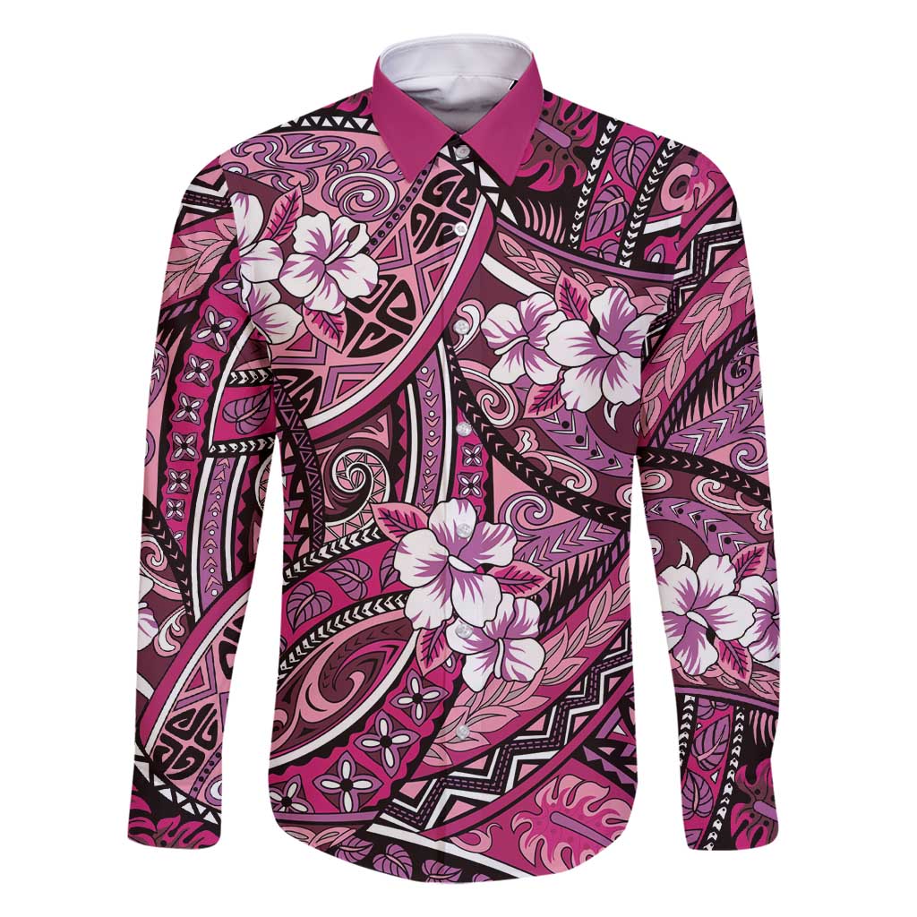 Polynesian Hibiscus Tropical Pink Floral Family Matching Off Shoulder Maxi Dress and Hawaiian Shirt Tribal Pattern LT01 Dad's Shirt - Long Sleeve Pink - Polynesian Pride