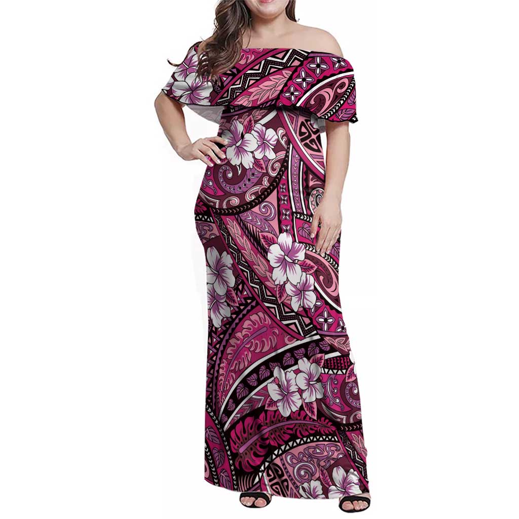 Polynesian Hibiscus Tropical Pink Floral Family Matching Off Shoulder Maxi Dress and Hawaiian Shirt Tribal Pattern LT01 Mom's Dress Pink - Polynesian Pride