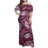 Polynesian Hibiscus Tropical Pink Floral Family Matching Off Shoulder Maxi Dress and Hawaiian Shirt Tribal Pattern LT01 Mom's Dress Pink - Polynesian Pride