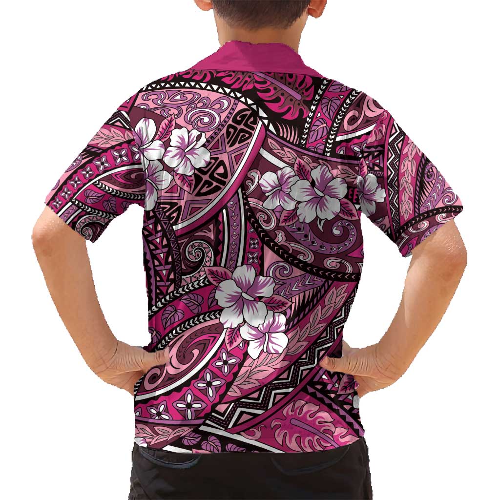 Polynesian Hibiscus Tropical Pink Floral Family Matching Off Shoulder Short Dress and Hawaiian Shirt Tribal Pattern LT01 - Polynesian Pride