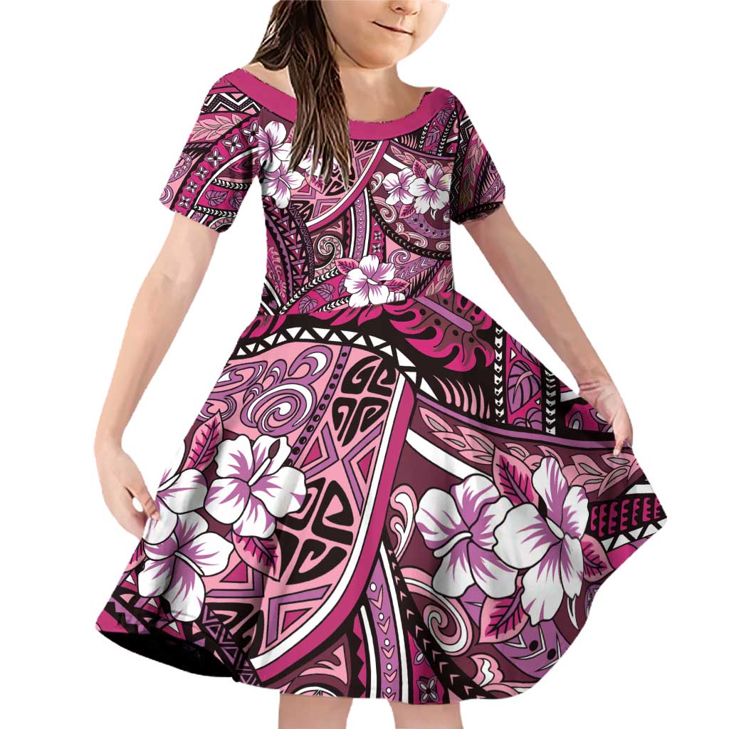 Polynesian Hibiscus Tropical Pink Floral Family Matching Off Shoulder Short Dress and Hawaiian Shirt Tribal Pattern LT01 Daughter's Dress Pink - Polynesian Pride