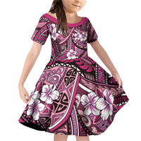 Polynesian Hibiscus Tropical Pink Floral Family Matching Off Shoulder Short Dress and Hawaiian Shirt Tribal Pattern LT01 Daughter's Dress Pink - Polynesian Pride