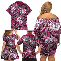 Polynesian Hibiscus Tropical Pink Floral Family Matching Off Shoulder Short Dress and Hawaiian Shirt Tribal Pattern LT01 - Polynesian Pride