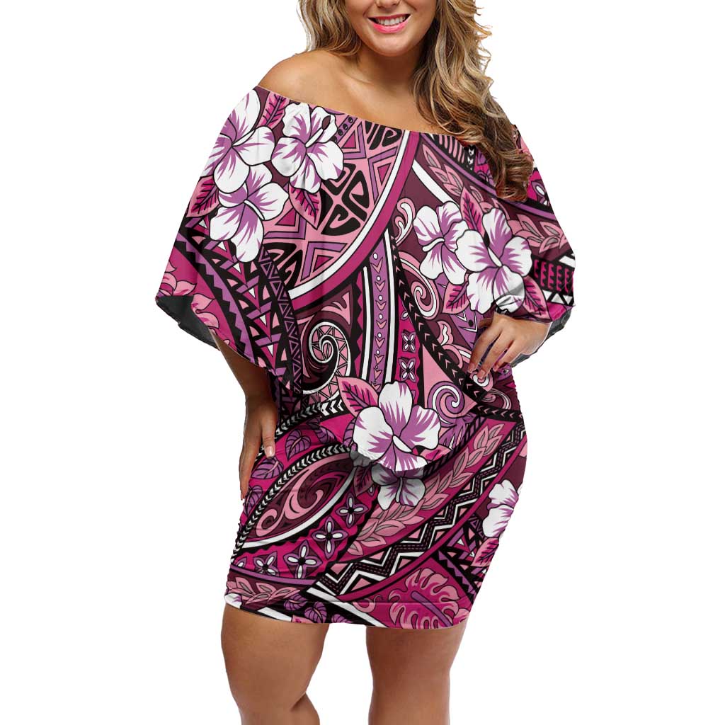Polynesian Hibiscus Tropical Pink Floral Family Matching Off Shoulder Short Dress and Hawaiian Shirt Tribal Pattern LT01 Mom's Dress Pink - Polynesian Pride