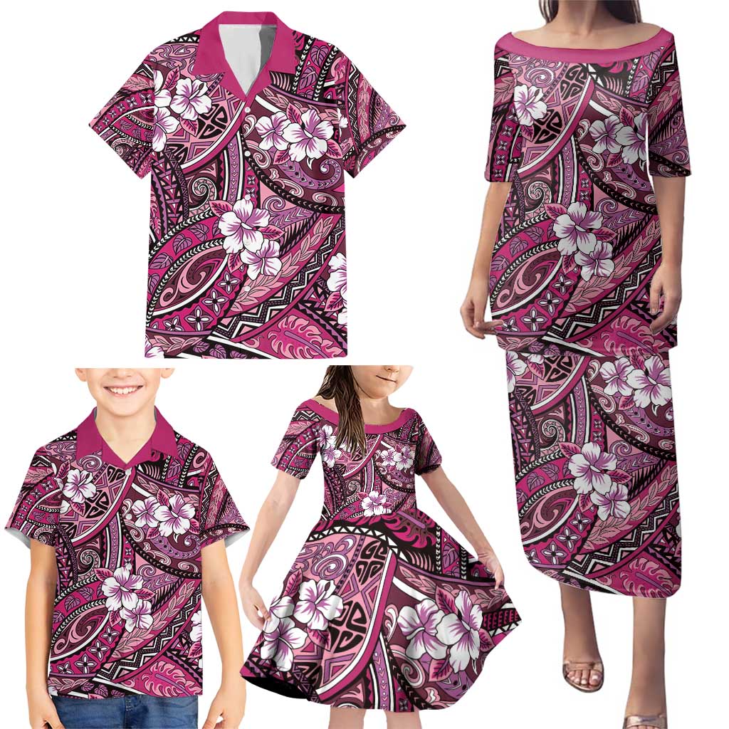 Polynesian Hibiscus Tropical Pink Floral Family Matching Puletasi and Hawaiian Shirt Tribal Pattern LT01 - Polynesian Pride