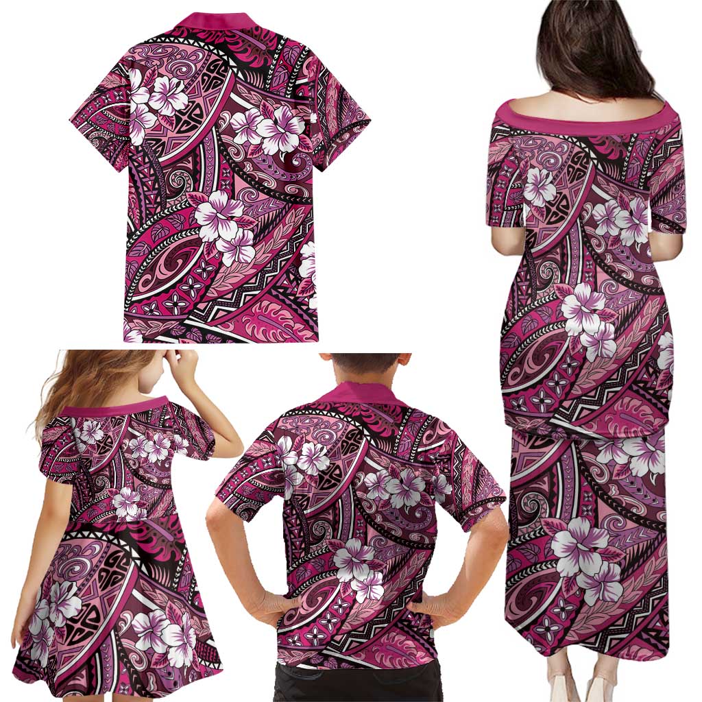Polynesian Hibiscus Tropical Pink Floral Family Matching Puletasi and Hawaiian Shirt Tribal Pattern LT01 - Polynesian Pride