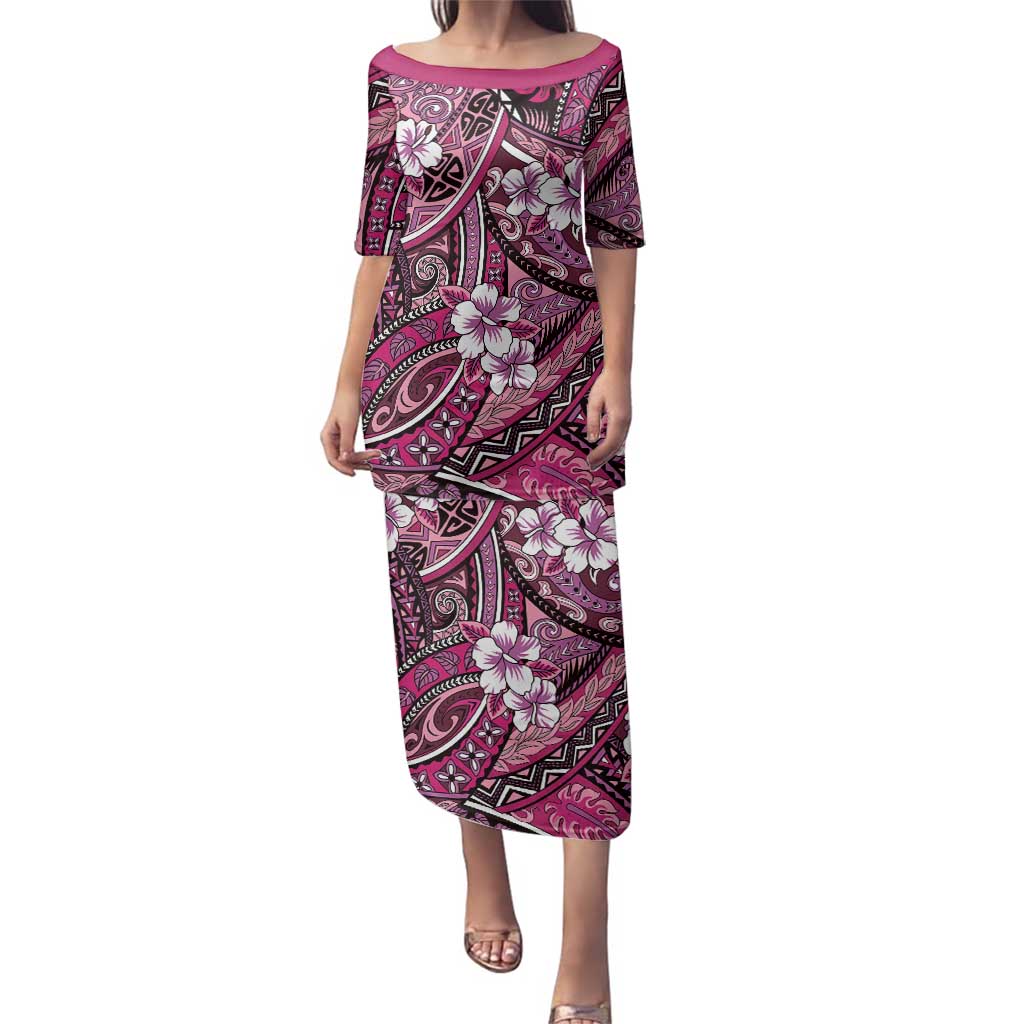 Polynesian Hibiscus Tropical Pink Floral Family Matching Puletasi and Hawaiian Shirt Tribal Pattern LT01 Mom's Dress Pink - Polynesian Pride