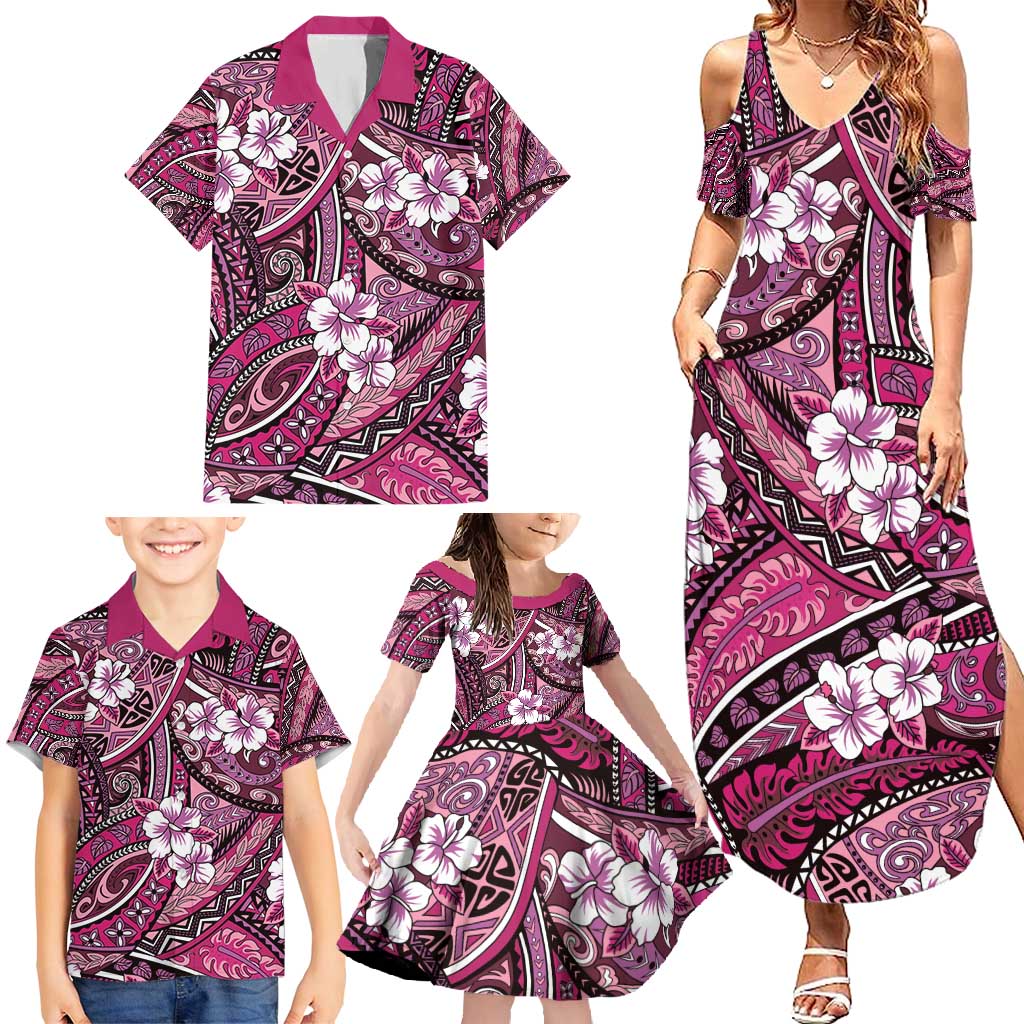 Polynesian Hibiscus Tropical Pink Floral Family Matching Summer Maxi Dress and Hawaiian Shirt Tribal Pattern LT01 - Polynesian Pride