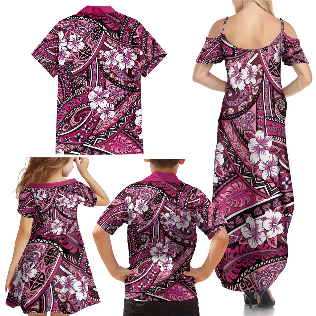 Polynesian Hibiscus Tropical Pink Floral Family Matching Summer Maxi Dress and Hawaiian Shirt Tribal Pattern LT01 - Polynesian Pride