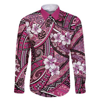 Polynesian Hibiscus Tropical Pink Floral Family Matching Tank Maxi Dress and Hawaiian Shirt Tribal Pattern LT01 Dad's Shirt - Long Sleeve Pink - Polynesian Pride