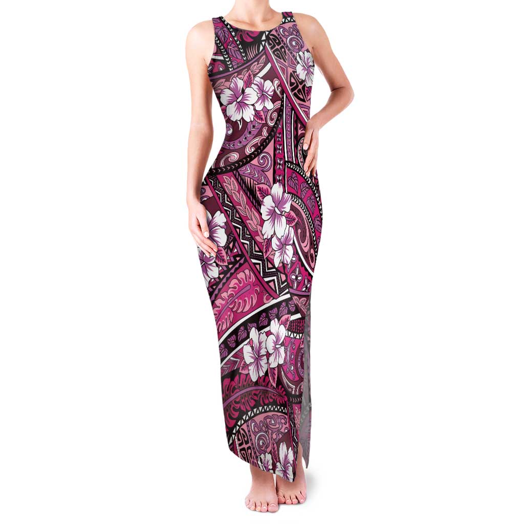 Polynesian Hibiscus Tropical Pink Floral Family Matching Tank Maxi Dress and Hawaiian Shirt Tribal Pattern LT01 Mom's Dress Pink - Polynesian Pride