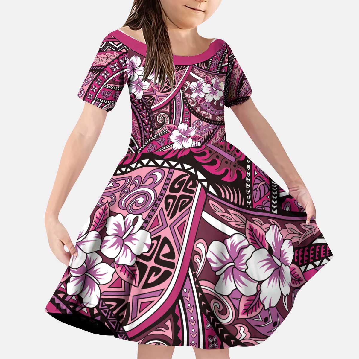 Polynesian Hibiscus Tropical Pink Floral Kid Short Sleeve Dress Tribal Pattern LT01 KID Pink - Polynesian Pride