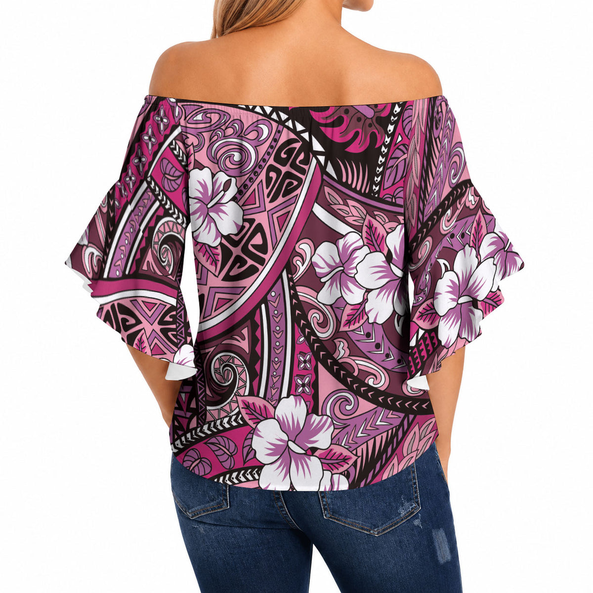 Polynesian Hibiscus Tropical Pink Floral Off Shoulder Wrap Waist Top Tribal Pattern LT01 - Polynesian Pride