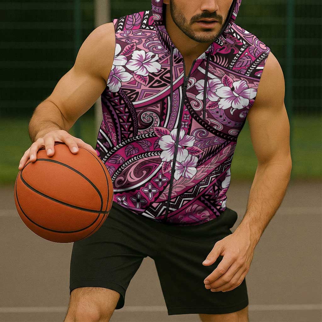 Polynesian Hibiscus Tropical Pink Floral Sleeveless Zip Hoodie Tribal Pattern - Polynesian Pride