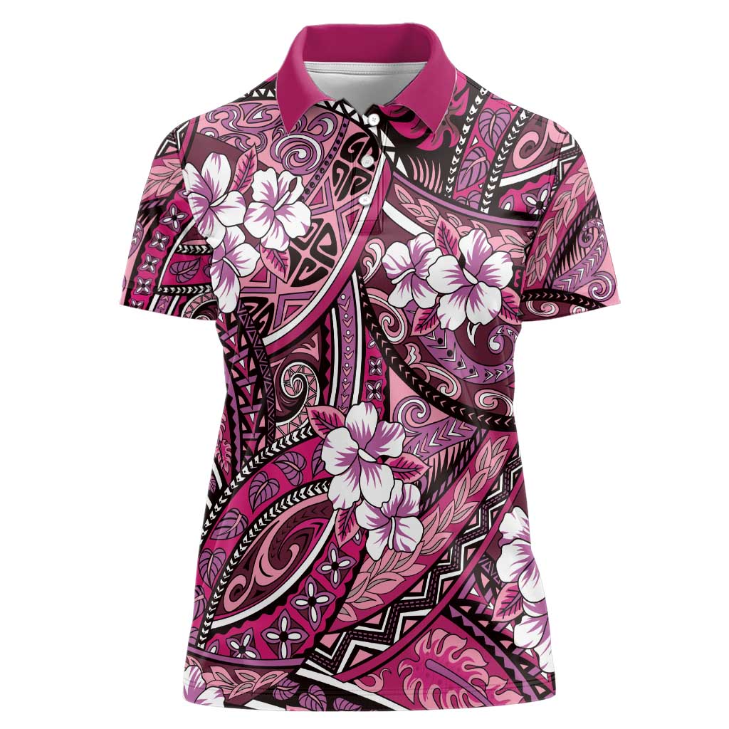 Polynesian Hibiscus Tropical Pink Floral Women Polo Shirt Tribal Pattern - Polynesian Pride