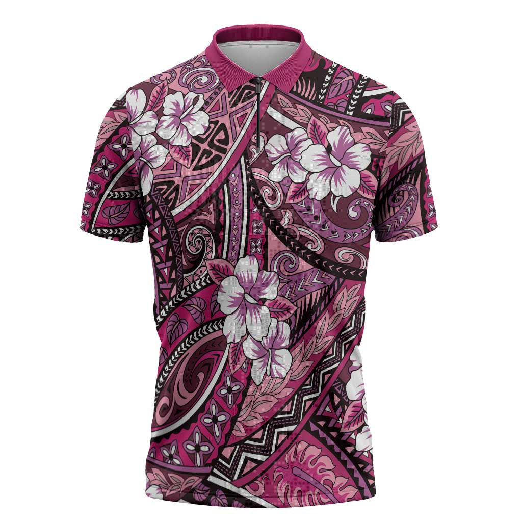 Polynesian Hibiscus Tropical Pink Floral Zipper Polo Shirt Tribal Pattern LT01 Pink - Polynesian Pride