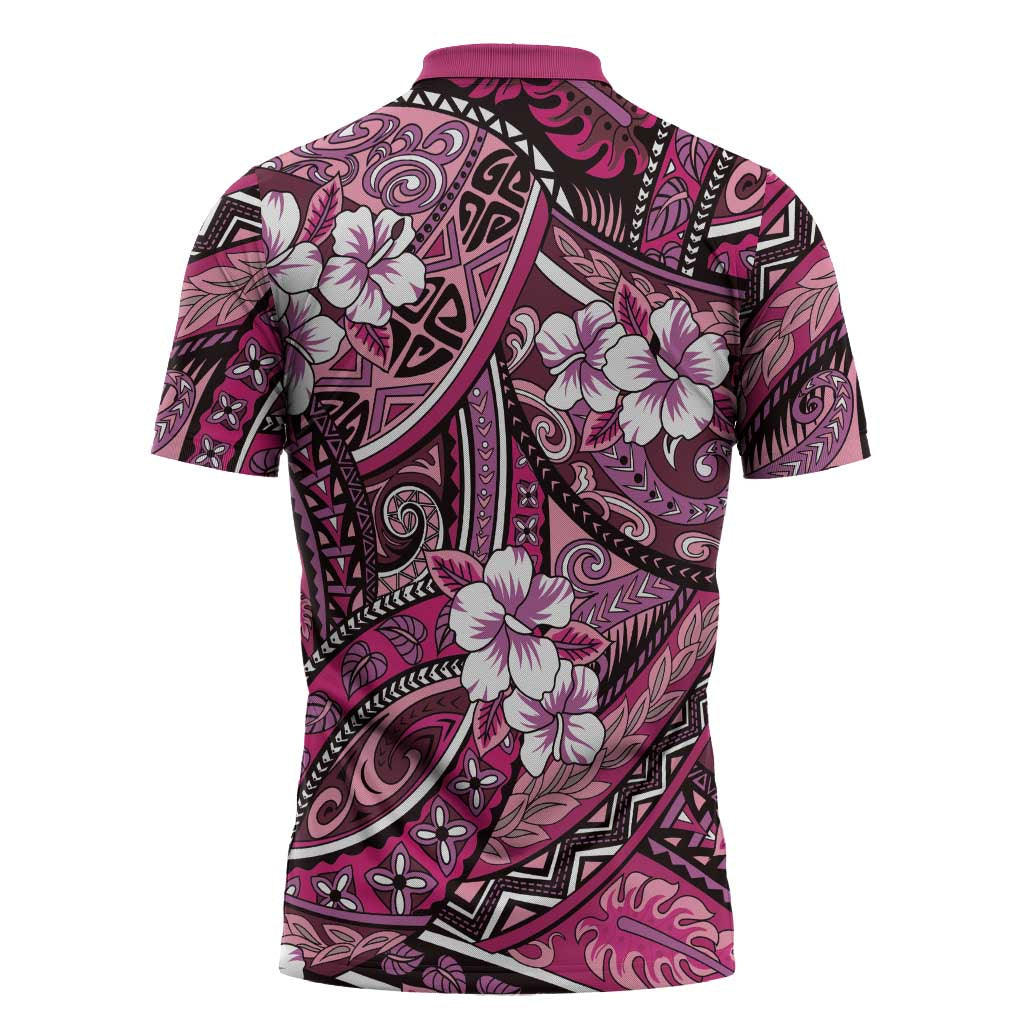 Polynesian Hibiscus Tropical Pink Floral Zipper Polo Shirt Tribal Pattern LT01 - Polynesian Pride