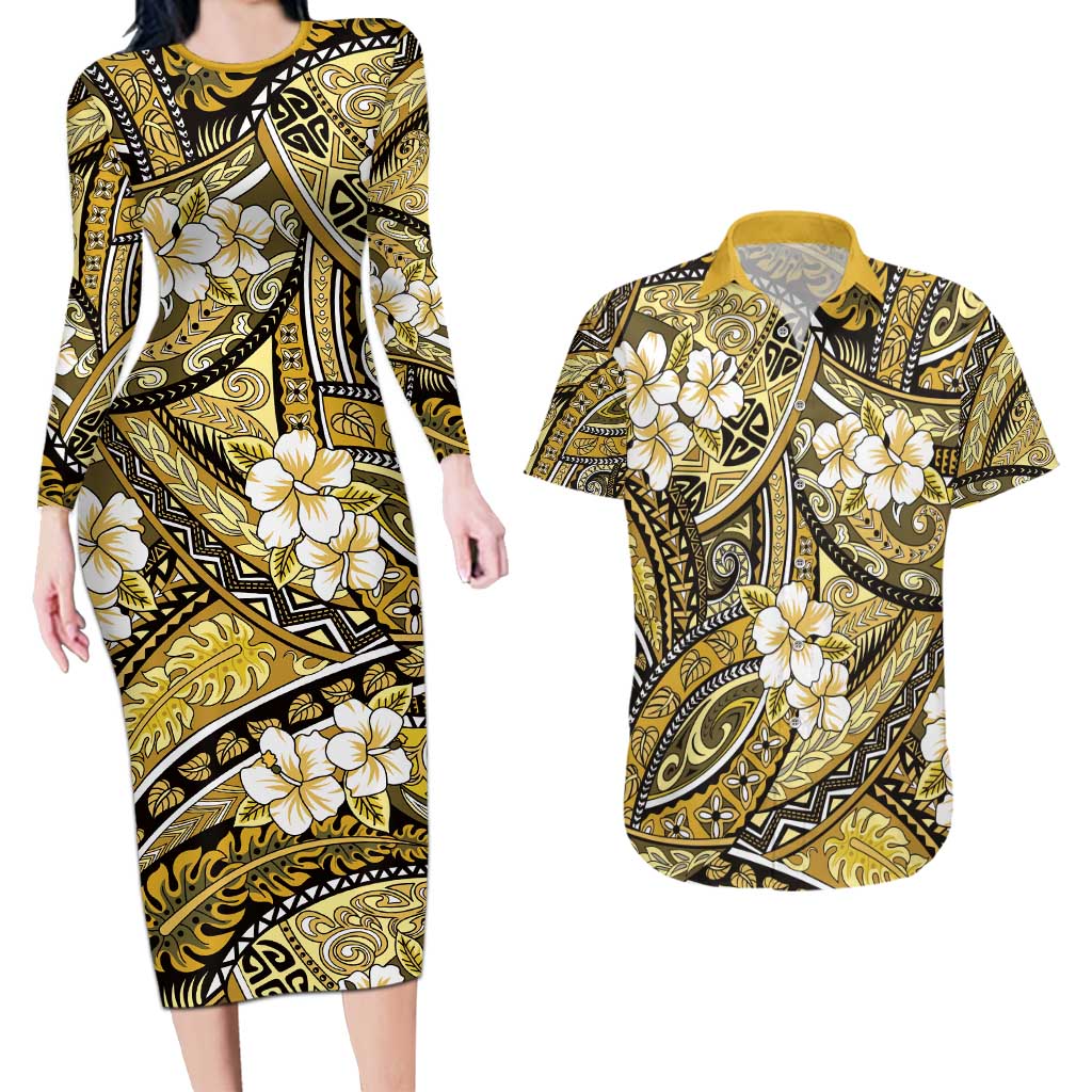 Polynesian Hibiscus Tropical Yellow Floral Couples Matching Long Sleeve Bodycon Dress and Hawaiian Shirt Tribal Pattern LT01 Yellow - Polynesian Pride
