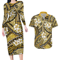 Polynesian Hibiscus Tropical Yellow Floral Couples Matching Long Sleeve Bodycon Dress and Hawaiian Shirt Tribal Pattern LT01 Yellow - Polynesian Pride