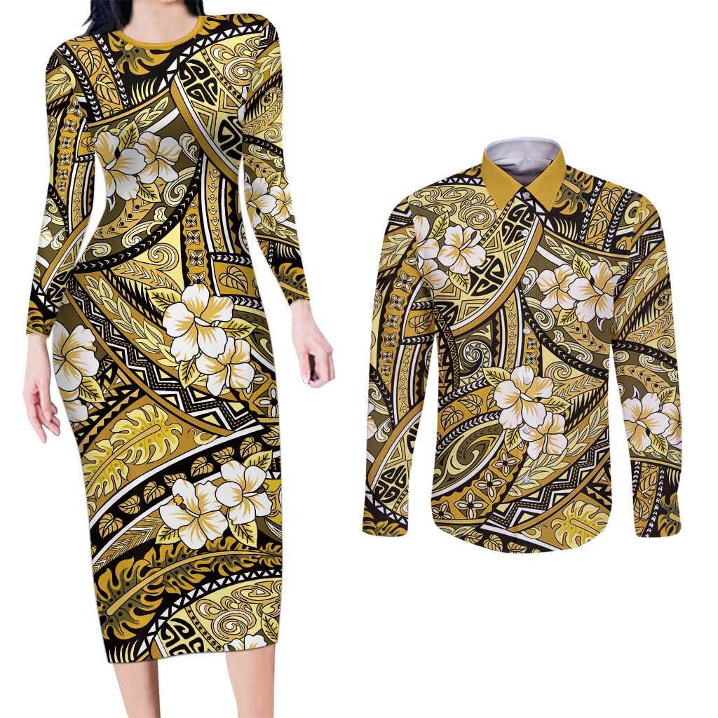 Polynesian Hibiscus Tropical Yellow Floral Couples Matching Long Sleeve Bodycon Dress and Long Sleeve Button Shirt Tribal Pattern LT01 Yellow - Polynesian Pride