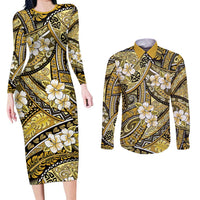 Polynesian Hibiscus Tropical Yellow Floral Couples Matching Long Sleeve Bodycon Dress and Long Sleeve Button Shirt Tribal Pattern LT01 Yellow - Polynesian Pride
