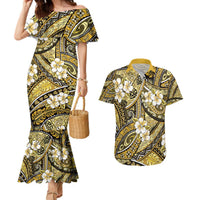 Polynesian Hibiscus Tropical Yellow Floral Couples Matching Mermaid Dress and Hawaiian Shirt Tribal Pattern LT01 Yellow - Polynesian Pride